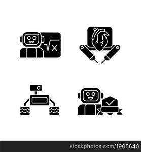Robotics technology black glyph icons set on white space. Surgical robot. Robotic vehicle. Home safety. Artificial intelligence in classroom. Silhouette symbols. Vector isolated illustration. Robotics technology black glyph icons set on white space