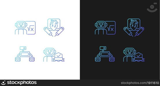 Robotics technology gradient icons set for dark and light mode. Surgical robot. AI in classroom. Thin line contour symbols bundle. Isolated vector outline illustrations collection on black and white. Robotics technology gradient icons set for dark and light mode