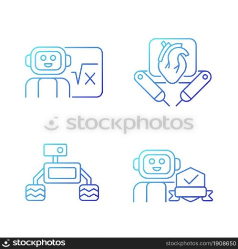 Robotics technology gradient linear vector icons set. Surgical robot. Robotic vehicle. Home safety. AI in classroom. Thin line contour symbols bundle. Isolated outline illustrations collection. Robotics technology gradient linear vector icons set