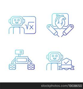 Robotics technology gradient linear vector icons set. Surgical robot. Robotic vehicle. Home safety. AI in classroom. Thin line contour symbols bundle. Isolated outline illustrations collection. Robotics technology gradient linear vector icons set