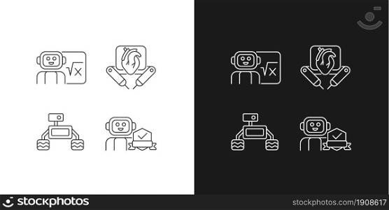 Robotics technology linear icons set for dark and light mode. Surgical robot. Robotic vehicle. Home safety. Customizable thin line symbols. Isolated vector outline illustrations. Editable stroke. Robotics technology linear icons set for dark and light mode