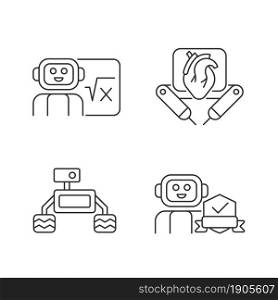 Robotics technology linear icons set. Surgical robot. Robotic vehicle. Home safety. AI in classroom. Customizable thin line contour symbols. Isolated vector outline illustrations. Editable stroke. Robotics technology linear icons set