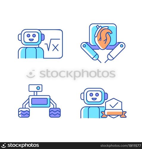 Robotics technology RGB color icons set. Surgical robot. Robotic vehicle. Home safety. Artificial intelligence in classroom. Isolated vector illustrations. Simple filled line drawings collection. Robotics technology RGB color icons set