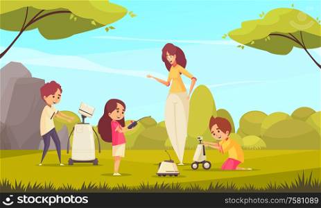 Robotics toys for kids vector illustration with children playing in nature with robots under supervision of adult woman