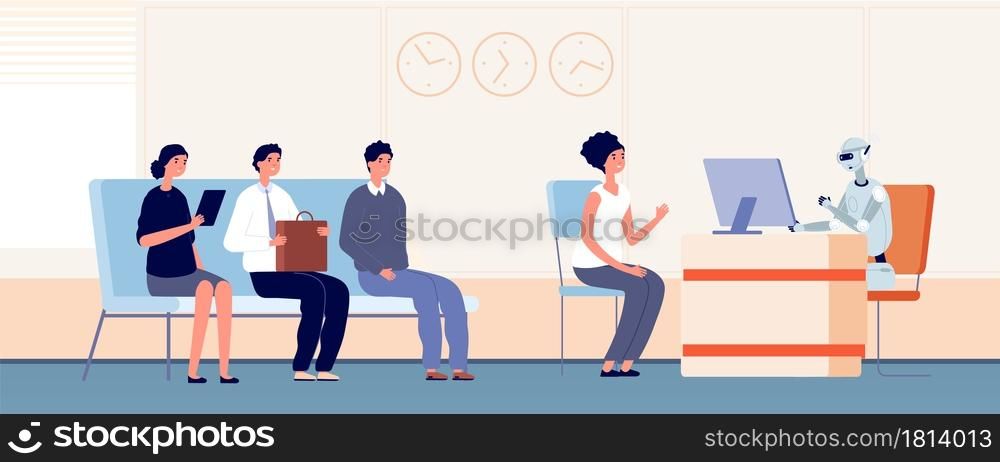 Robotization. Robot serve customers, android bank worker. People waiting line to support service in office vector illustration. Hr robot, career robotic, employment and recruitment. Robotization. Robot serve customers, android bank worker. People waiting line to support service in office vector illustration