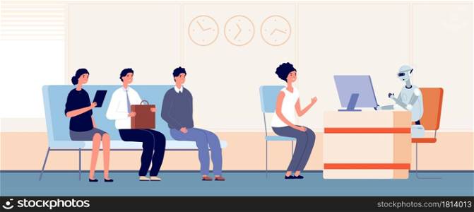 Robotization. Robot serve customers, android bank worker. People waiting line to support service in office vector illustration. Hr robot, career robotic, employment and recruitment. Robotization. Robot serve customers, android bank worker. People waiting line to support service in office vector illustration