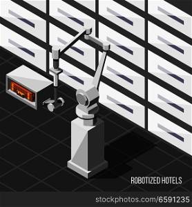 Robotized hotels isometric background with robotic assistant stacking guest baggage in storage room vector illustration. Robotized Hotels Isometric Background
