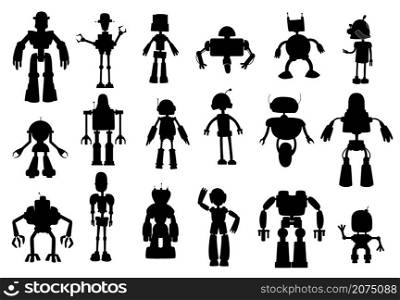 Robots and droids silhouettes, black vector cyborgs. Artificial intelligence androids and humanoids with arms, legs, antennas and wheels. Smart ai bots technology, machines isolated objects set. Robots and droids silhouettes black vector cyborgs
