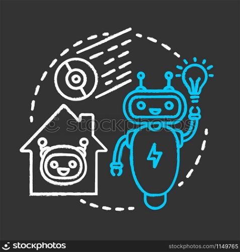 Robots and technology chalk concept icon. Smart house management idea. Innovations for apartment. Artificial intelligence devices. Futuristic assistants. Vector isolated chalkboard illustration