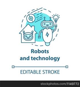 Robots and technology turquoise concept icon. Smart house management idea thin line illustration. Innovations for apartment. Artificial intelligence. Vector isolated outline drawing. Editable stroke