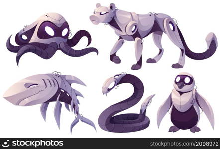 Robots animals octopus, shark, leopard, snake and penguin. Pets cyborgs, artificial intelligence mechanical electronic personages, cartoon robotics characters isolated on white background Vector set. Robots animals octopus, shark, snake and penguin