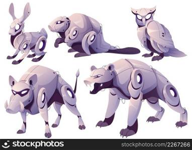 Robots animals robotics mechanical monsters. Cyborgs pets hare, beaver, owl, boar and bear. Cartoon artificial intelligence mechanical and electronic characters, machine personages isolated vector set. Animals cyborgs hare, beaver, owl, boar and bear.