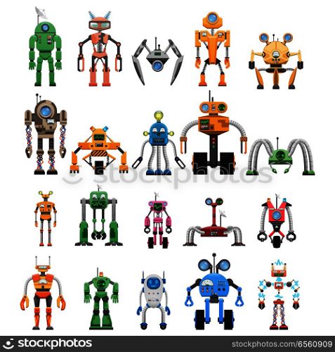 Robots collection on white. Industrial manipulating advanced robots. Vector poster of modular collaborative educational service androids working machines. Things of future made of plastic and steel.. Robots Set Modular Collaborative Android Machines
