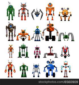 Robots collection on white. Industrial manipulating advanced robots. Vector poster of modular collaborative educational service androids working machines. Things of future made of plastic and steel.. Robots Set Modular Collaborative Android Machines