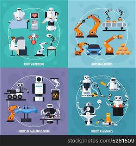 Robots Concept Icons Set . Robots concept icons set with industrial robots symbols flat isolated vector illustration