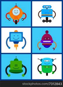 Robots creature collection, set of robots and artificial mechanisms with hands and faces, expressions and emotions, isolated on vector illustration. Robots Creature Collection Vector Illustration