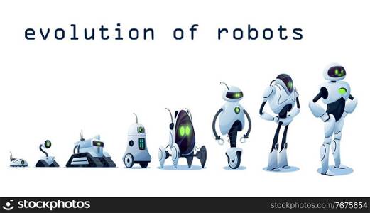 Robots evolution, AI android transformer bots, vector robo cybernetics technology. Robots and cyborgs, futuristic artificial intelligence and smart computer engineering progress, robotic machines. Robots evolution, AI android transformer bots