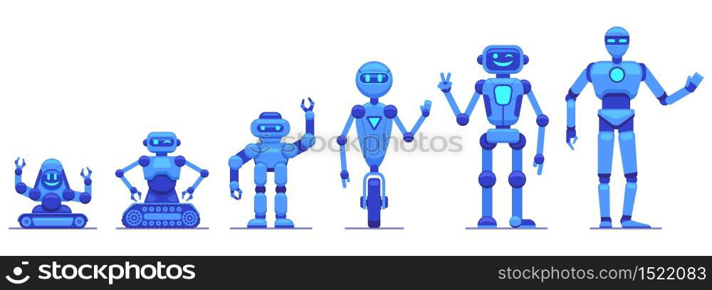 Robots evolution. Robotics technology progress, futuristic mechanical robot characters, robots tech evolution vector illustration icons set. Robot futuristic machine evolution, intelligence cyborg. Robots evolution. Robotics technology progress, futuristic mechanical robot characters, robots tech evolution vector illustration icons set