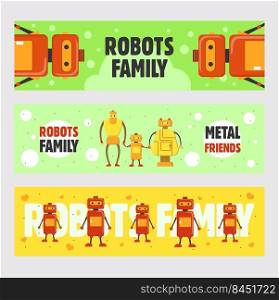 Robots family banners set. Humanoids, cyborgs, electronic machines vector illustrations with text on green and yellow backgrounds. Robotics concept for flyers and brochures design