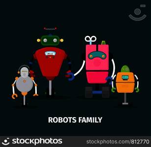 Robots family with kids, vector illustration on dark background. Robots family with kids