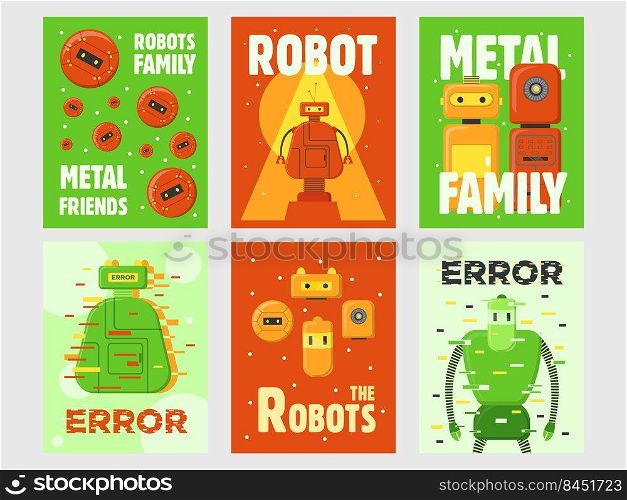 Robots flyers set. Humanoids, cyborgs, intelligent machines vector illustrations with text on green and red backgrounds. Robotics concept for posters and greeting cards design