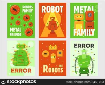 Robots flyers set. Humanoids, cyborgs, intelligent machines vector illustrations with text on green and red backgrounds. Robotics concept for posters and greeting cards design