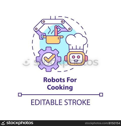 Robots for cooking concept icon. Successful restaurant business abstract idea thin line illustration. Kitchen automation. Isolated outline drawing. Editable stroke. Arial, Myriad Pro-Bold fonts used. Robots for cooking concept icon