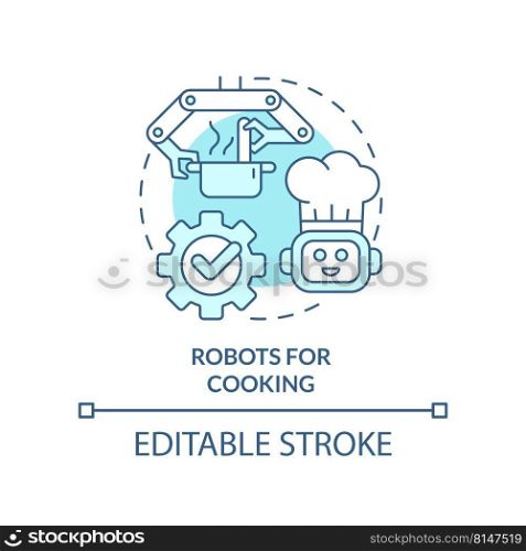 Robots for cooking turquoise concept icon. Successful restaurant business abstract idea thin line illustration. Isolated outline drawing. Editable stroke. Arial, Myriad Pro-Bold fonts used. Robots for cooking turquoise concept icon