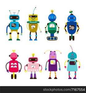 Robots for girls and boys vector isolated on white background. Robot girl toy, character robo boy electronic illustration. Robots for girls and boys vector isolated on white background