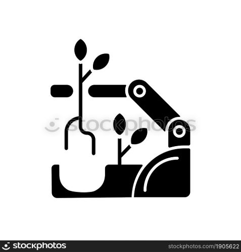 Robots for planting black glyph icon. Improve agricultural production. Automatic harvesting. Robotic farming. Agriculture revolution. Silhouette symbol on white space. Vector isolated illustration. Robots for planting black glyph icon