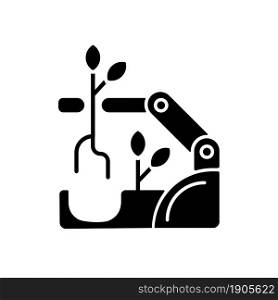 Robots for planting black glyph icon. Improve agricultural production. Automatic harvesting. Robotic farming. Agriculture revolution. Silhouette symbol on white space. Vector isolated illustration. Robots for planting black glyph icon