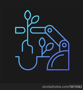 Robots for planting gradient vector icon for dark theme. Improve agricultural production. Automatic harvesting, seeding. Thin line color symbol. Modern style pictogram. Vector isolated outline drawing. Robots for planting gradient vector icon for dark theme