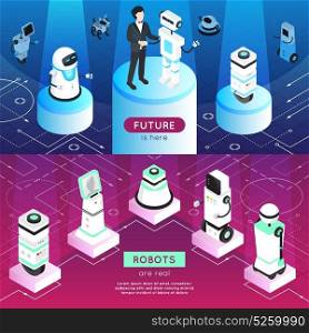 Robots Horizontal Isometric Banners. Robots horizontal isometric banners with man, high tech machines on pedestals in light rays isolated vector illustration
