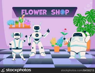 Robots in flower plants shop. Cute digital cyborgs mascots. Flat vector illustration. Futuristic robotic technology concept