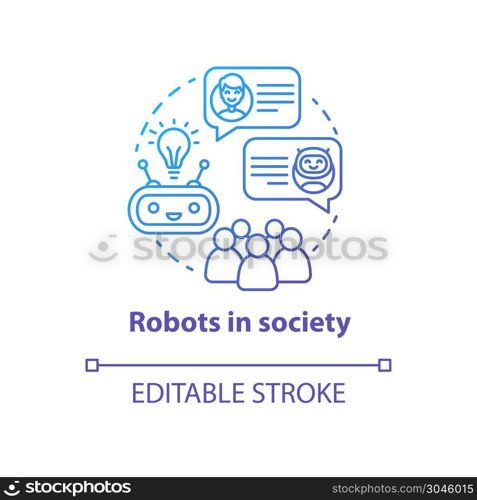 Robots in society blue gradient concept icon. Communication with artificial intelligence idea thin line illustration. Interaction with technologies. Vector isolated outline drawing. Editable stroke