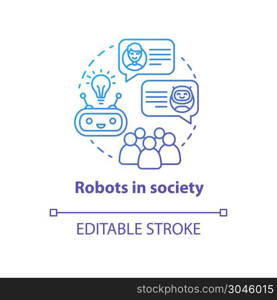 Robots in society blue gradient concept icon. Communication with artificial intelligence idea thin line illustration. Interaction with technologies. Vector isolated outline drawing. Editable stroke