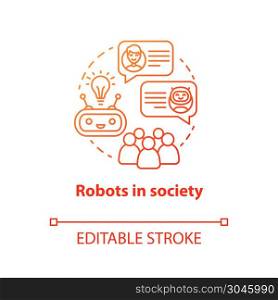Robots in society red concept icon. Communication with artificial intelligence idea thin line illustration. Interaction with futuristic technologies. Vector isolated outline drawing. Editable stroke