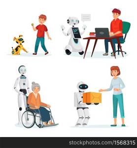 Robots interact with people in various situations. Vector intelligence helper and courier, pet dog computer illustration. Robots interact with people in various situations
