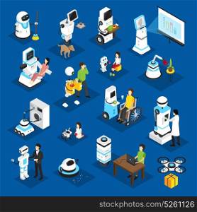 Robots Isometric Set. Robots isometric set with machine for business, housework, medicine, patient care on blue background isolated vector illustration
