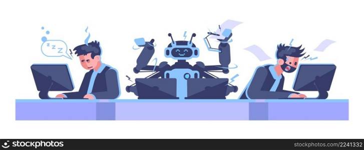 Robots more∏uctive than human workers semi flat RGB color vector illustration. Working environment isolated cartoon characters on white background. Robots more∏uctive than human workers semi flat RGB color vector illustration