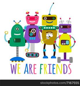 Robots print for kids. Friendship vector concept with cartoon robots. Robots print friendship concept
