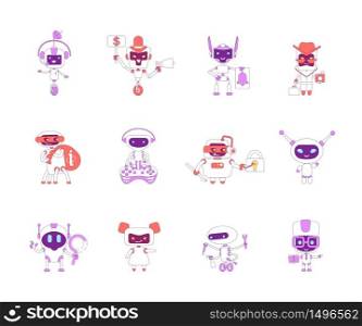 Robots red and violet linear objects set. Bad and good bots thin line symbols pack. Information stealing, personal assistance software isolated outline illustrations on white background