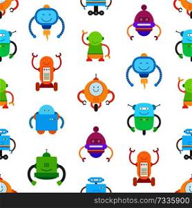 Robots seamless pattern with friendly robots with artificial intellect, set of creatures with mind, vector illustration isolated on white background. Robots and Seamless Pattern Vector Illustration
