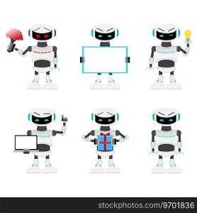 Robots set poses and action. Cyborg with laptop or flowers, android mechanical present gift, robotic pose emotion with idea. Vector illustration. Robots set poses and action. Cyborg with laptop