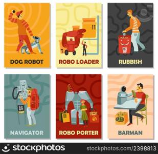 Robots with duties dog, trash can, navigator, barman, porter, vertical cards on color background isolated vector illustration  . Robots Vertical Cards