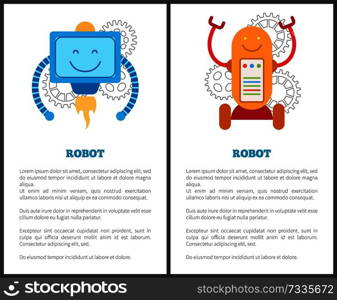 Robots with turbine and on wheels promo posters set. Mechanical robots that worcs with petrolium and electricity cartoon vector illustrations set.. Robots with Turbine and on Wheels Promo Posters