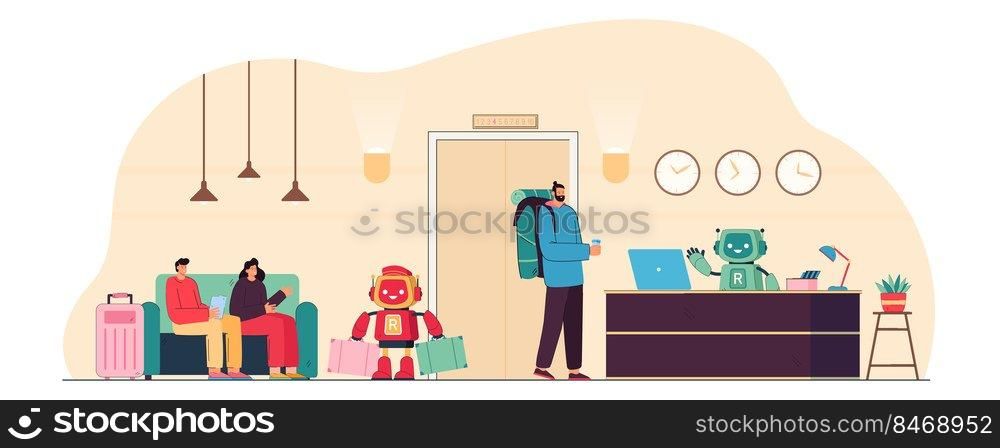 Robots working in hotel service. Cyborg helping guests with luggage, bot receptionist sitting at desk flat vector illustration. Artificial intelligence, futuristic technology, automation concept. Robots working in hotel service