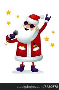 Roc-n-roll Santa character. Singing Santa Claus or Ded moroz - rock star with microphone isolated on white background. Christmas poster for party with or Xmas greeting card or new year web banner, whatever. Vector illustration.. Roc-n-roll Santa character. Singing Santa Claus - rock star with microphone isolated on white background.