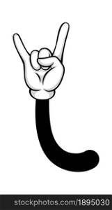 Rock and roll gesture cartoon hand black white isolated. Vector music icon hand graphic, cartoon cool gesture with finger pointing up illustration. Rock and roll gesture cartoon hand black white isolated