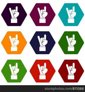 Rock and Roll hand sign icon set many color hexahedron isolated on white vector illustration. Rock and Roll hand sign icon set color hexahedron